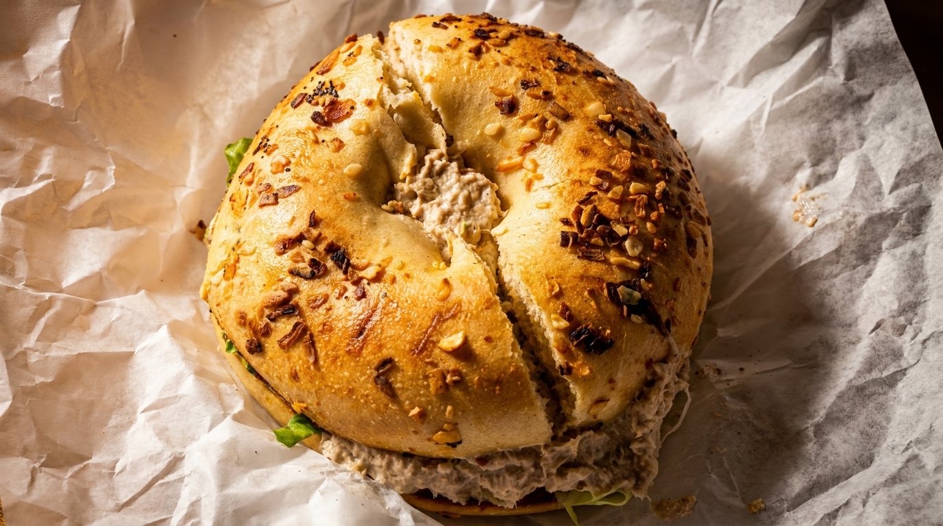 Close-up of a bagel with tuna salad and lettuce, wrapped in white parchment paper.