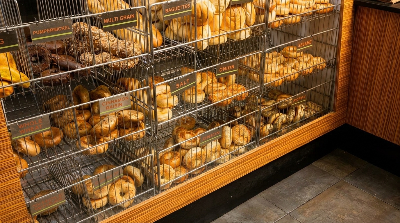 A display case filled with various bagels, including pumpernickel, multi-grain, cinnamon raisin, and poppy.