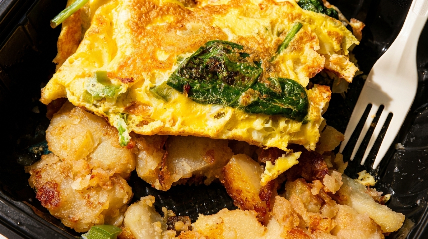 A spinach and green pepper omelet with crispy home fries in a black to-go container with a white fork.