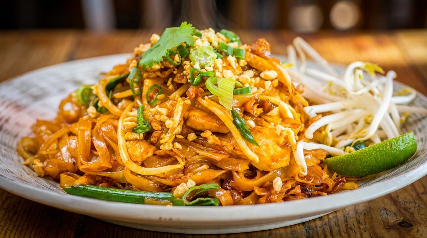 Steaming hot Pad Thai noodles with chicken, peanuts, scallions, cilantro, bean sprouts, and lime.