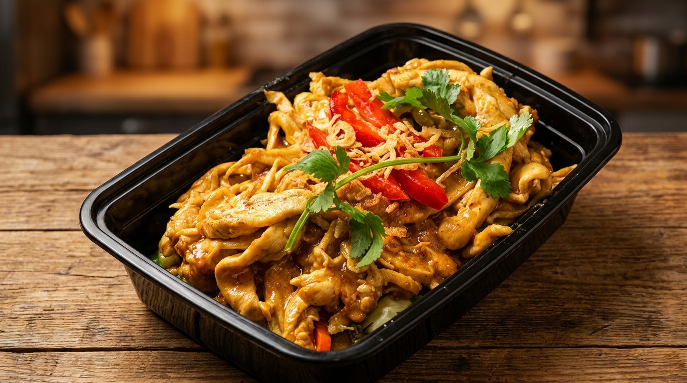 Chicken Pad See Ew with red peppers, fried onions, and cilantro in a black takeout container.