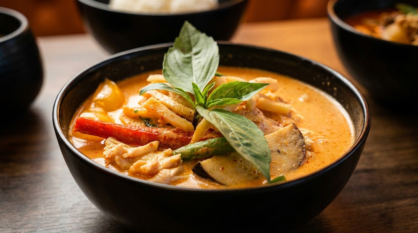 Close-up of a black bowl filled with vibrant red curry, garnished with fresh basil leaves.