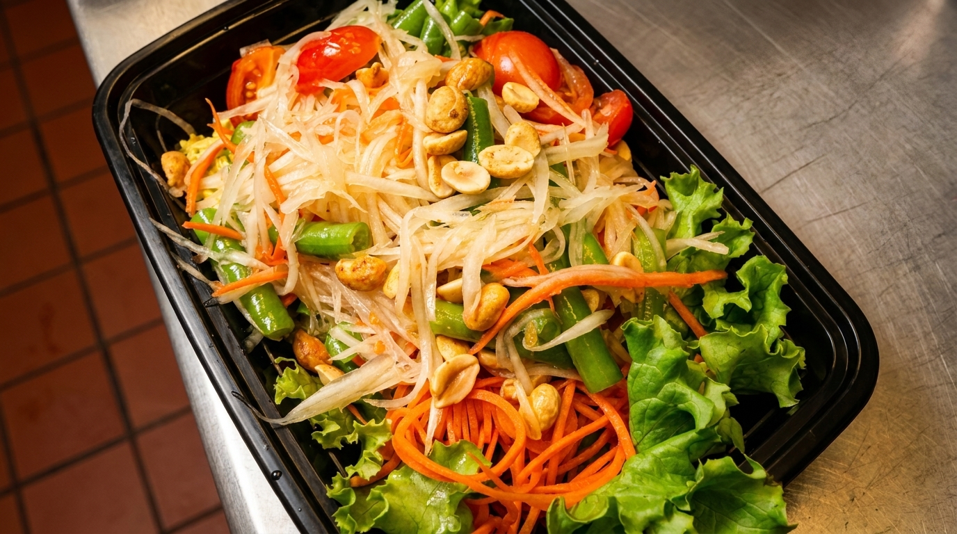 Som Tum (papaya salad) with green beans, tomatoes, peanuts, and lettuce in a black container.