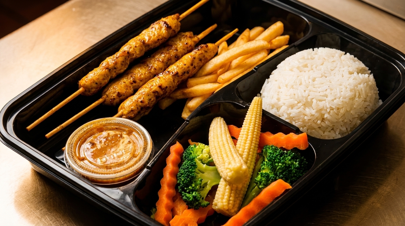 Chicken satay skewers, fries, rice, and mixed vegetables in a black takeout container.