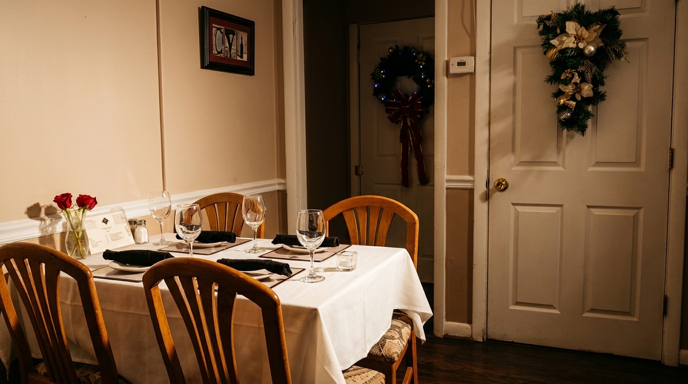 A dining table set for four with red roses, wine glasses, and a festive wreath on a nearby door.