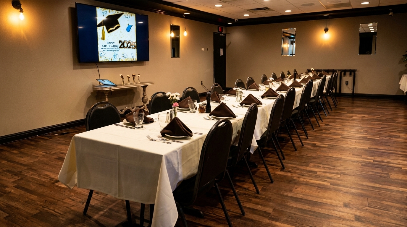 Long dining table set for a private event, with a "Happy Graduaction 2025" screen on the wall.