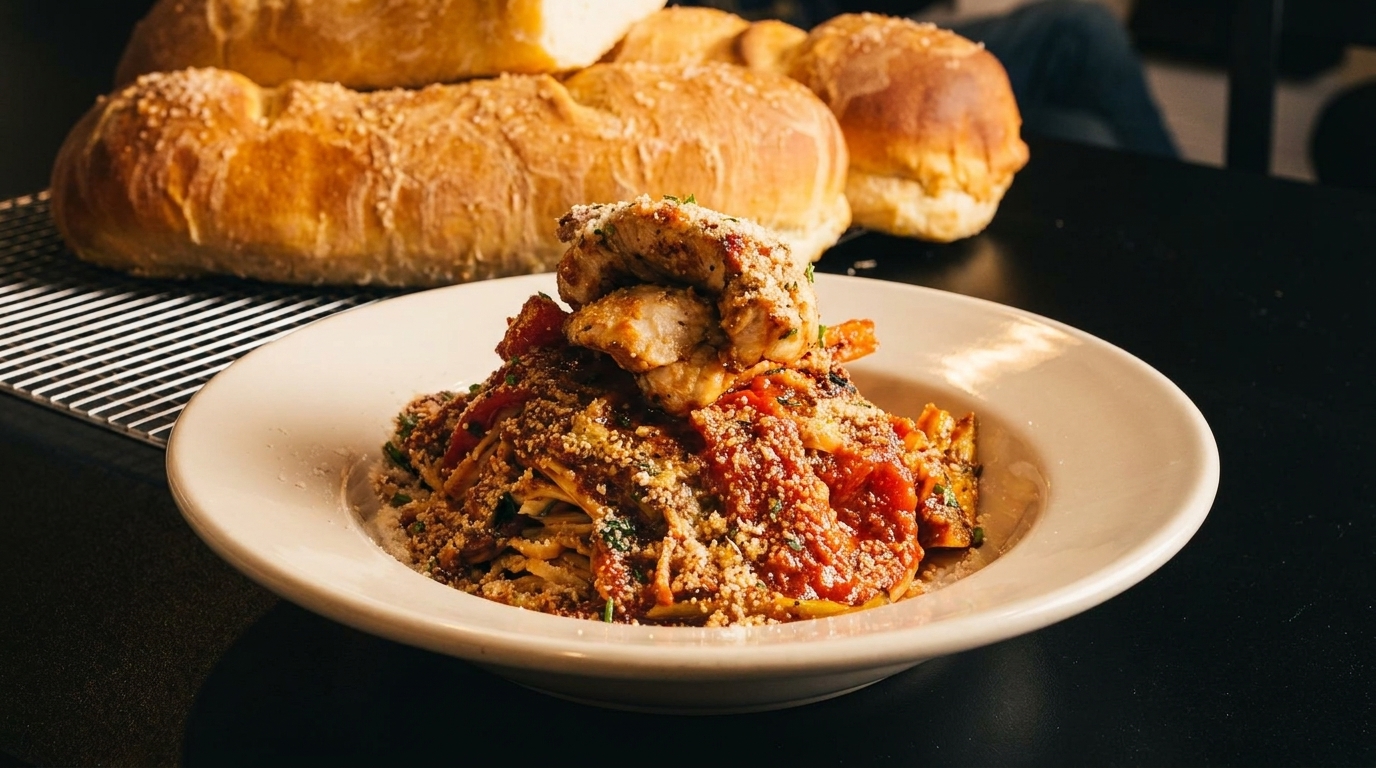 Chicken pasta with red sauce and parmesan, with loaves of bread in the background.