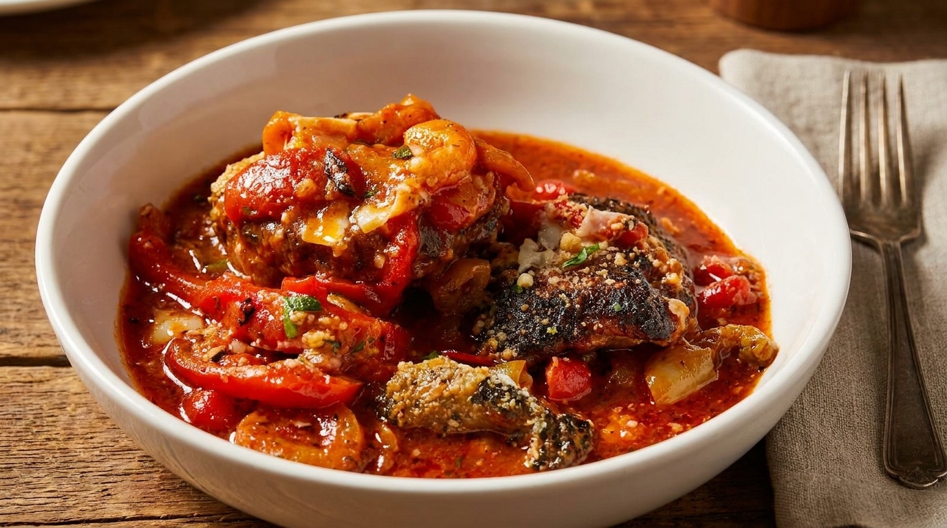A white bowl filled with a rich red stew, featuring meat, bell peppers, and tomatoes.