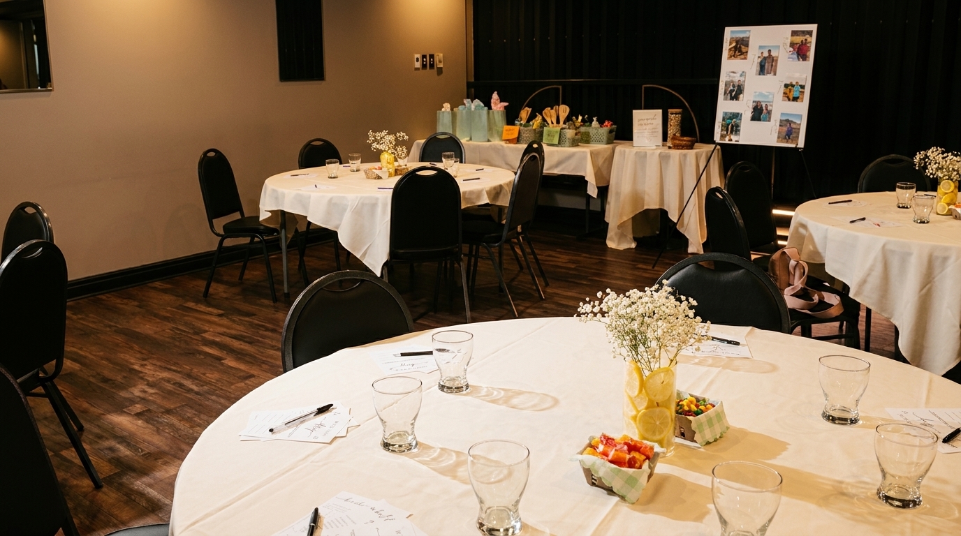 A banquet room with round tables set with white tablecloths, glasses, and floral centerpieces.