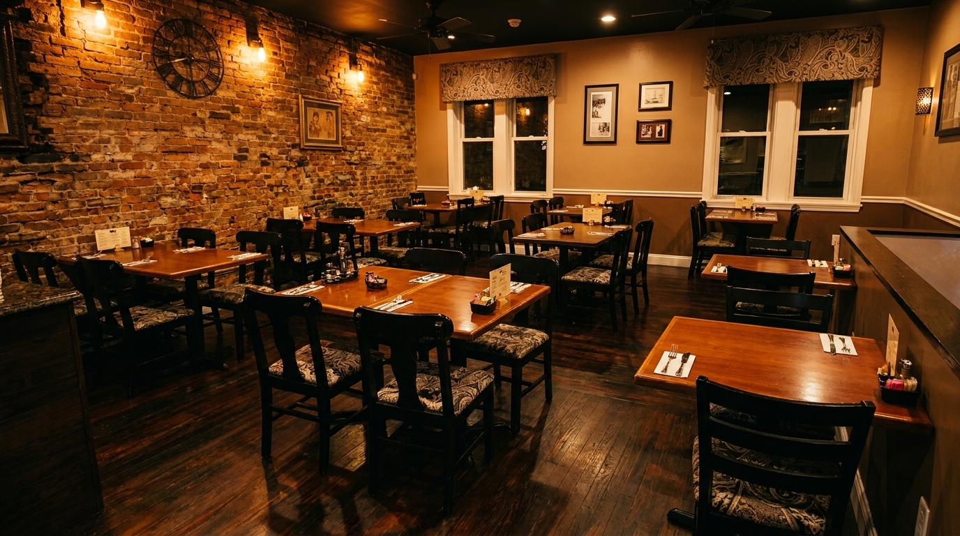Warmly lit restaurant dining room with wooden tables, dark chairs, exposed brick, and windows.
