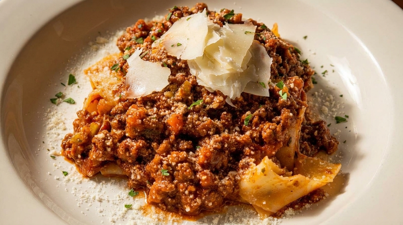 Close-up of pappardelle pasta with rich Bolognese sauce, topped with shaved Parmesan and fresh herbs.