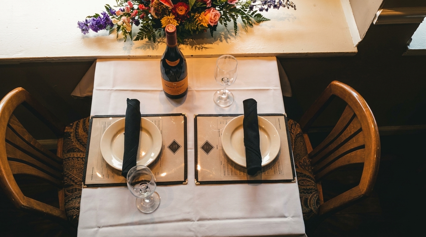 A dining table set for two with wine, plates, and menus, adorned with a floral centerpiece.