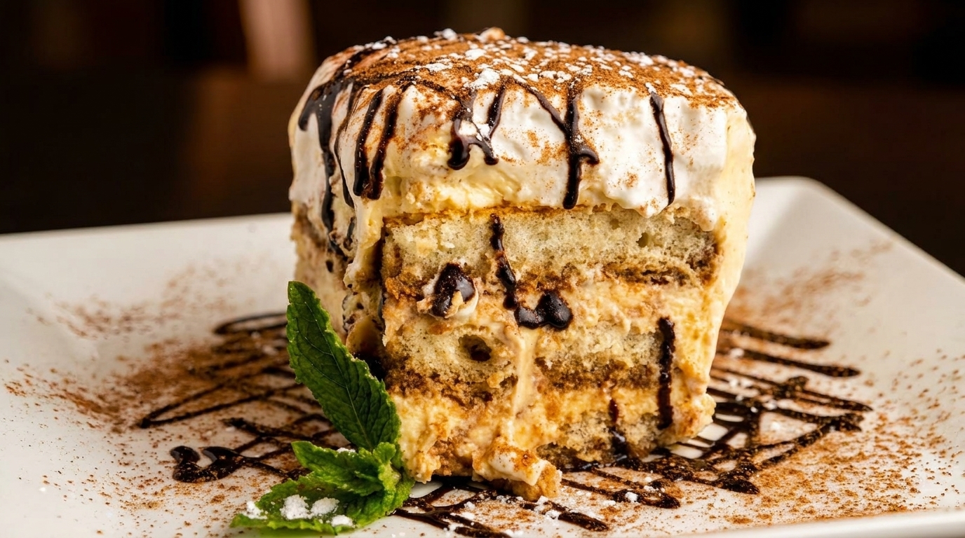 Slice of tiramisu with chocolate drizzle, cocoa powder, and mint on a white plate.