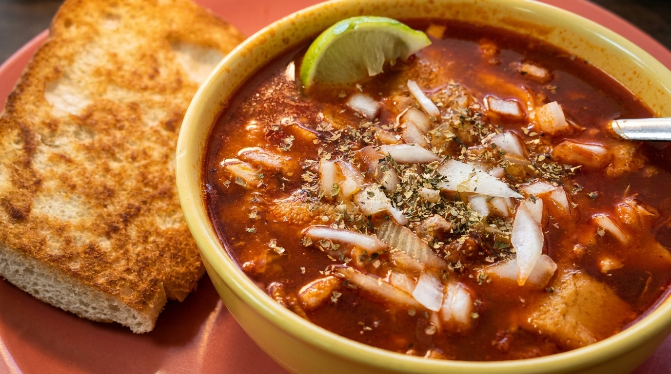 Hearty red soup with onions, herbs, and a lime wedge, served with toasted bread.