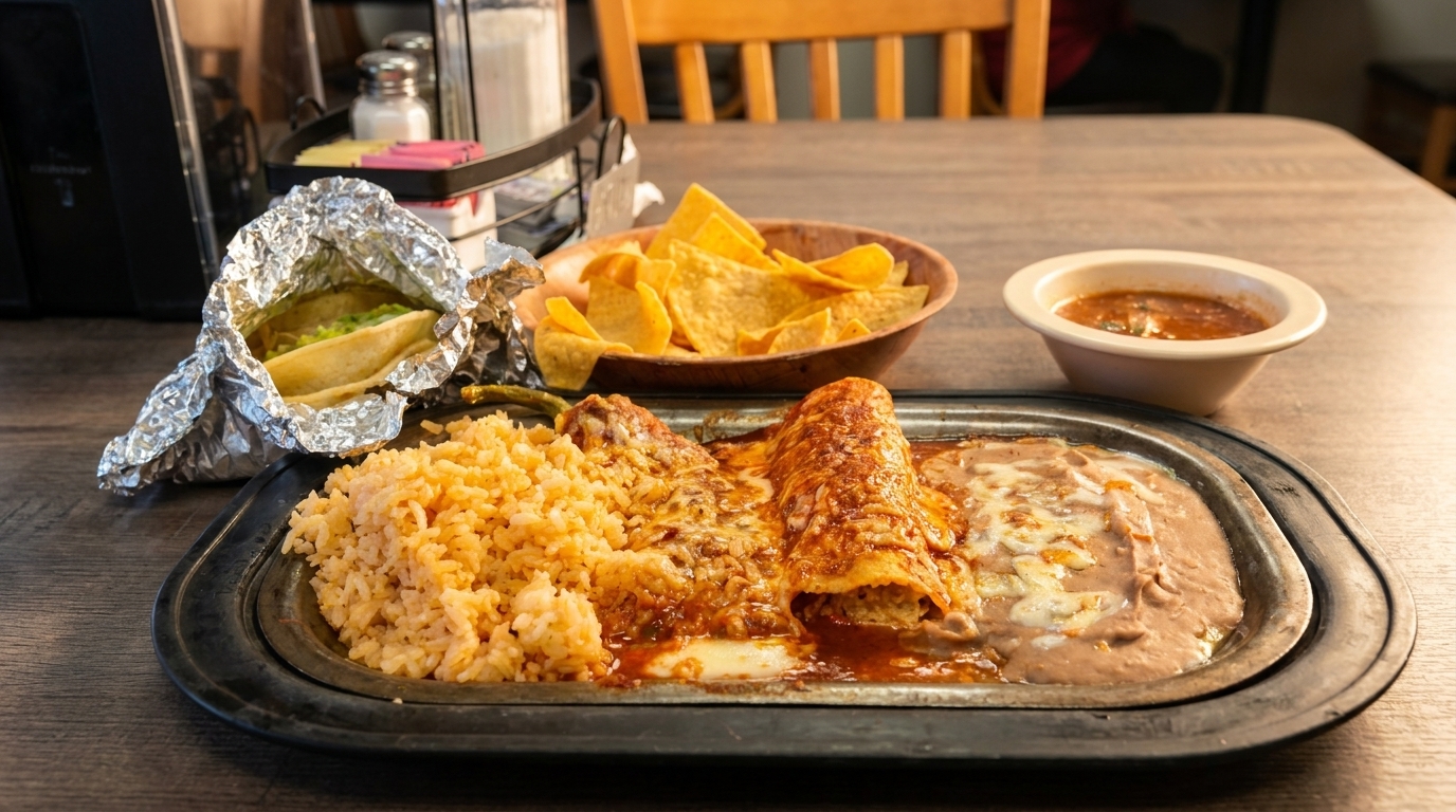 A Mexican combination plate with enchiladas, rice, refried beans, a taco, chips, and salsa.