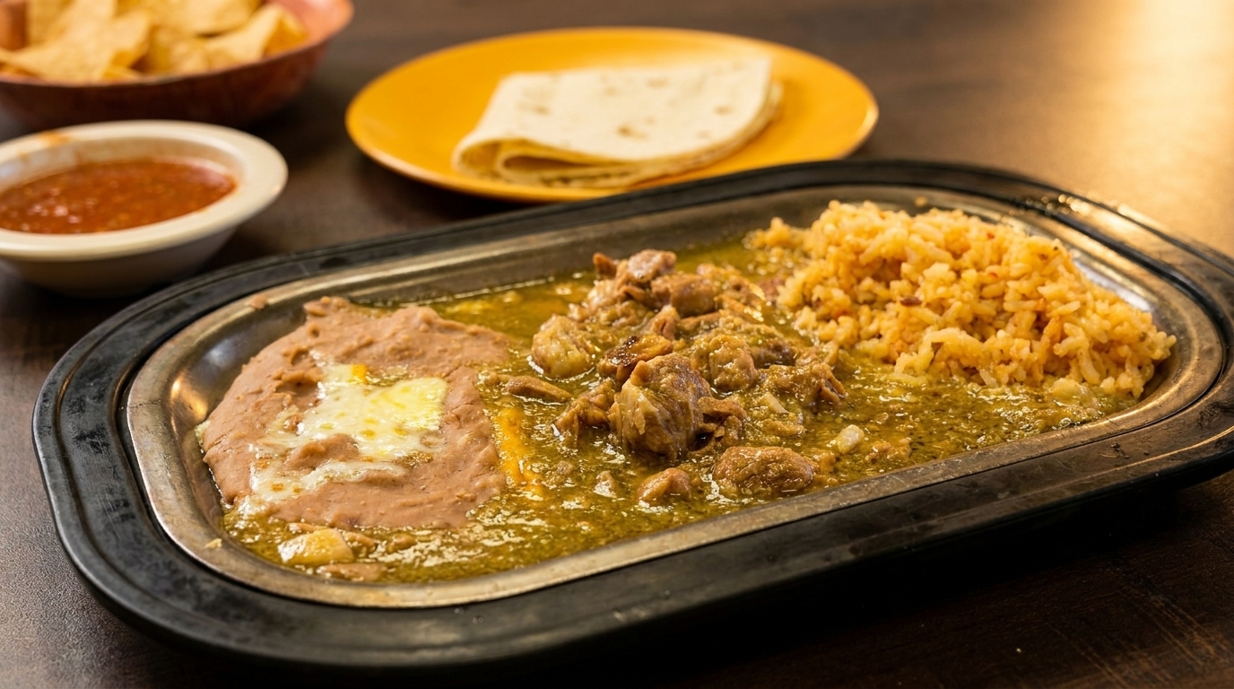A sizzling platter of green chile stew, refried beans with cheese, and Spanish rice.