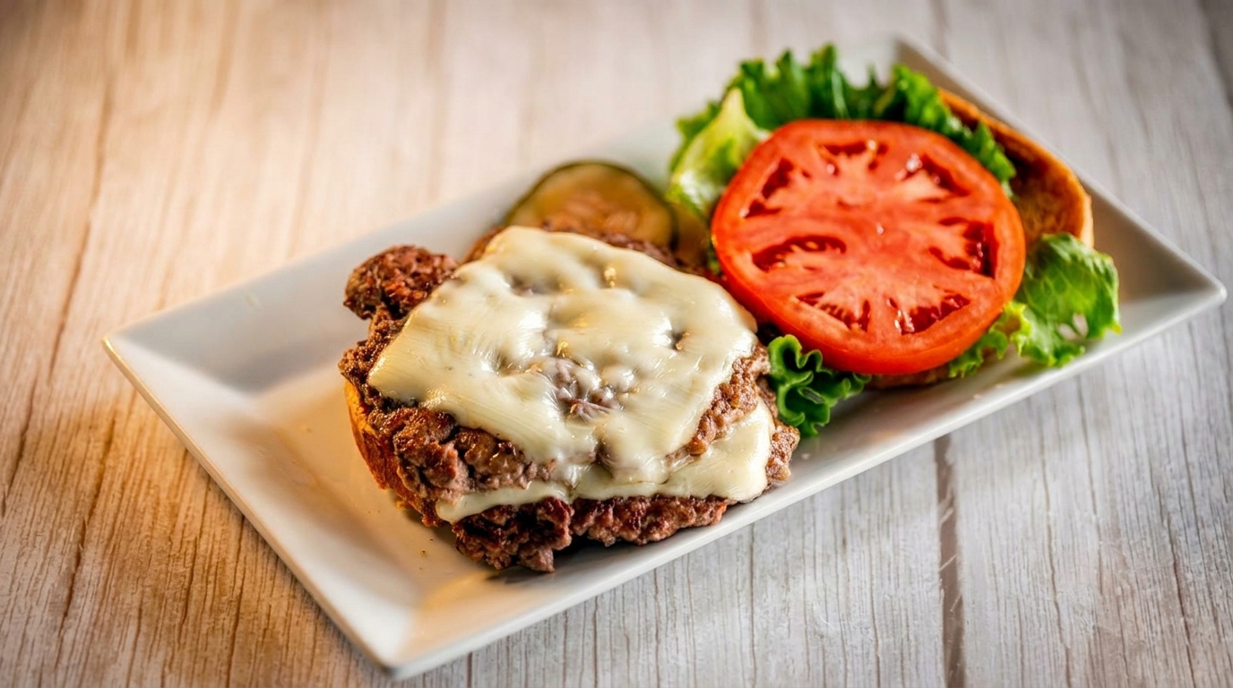 Open-faced cheeseburger with melted white cheese, lettuce, tomato, and pickles on a white plate.