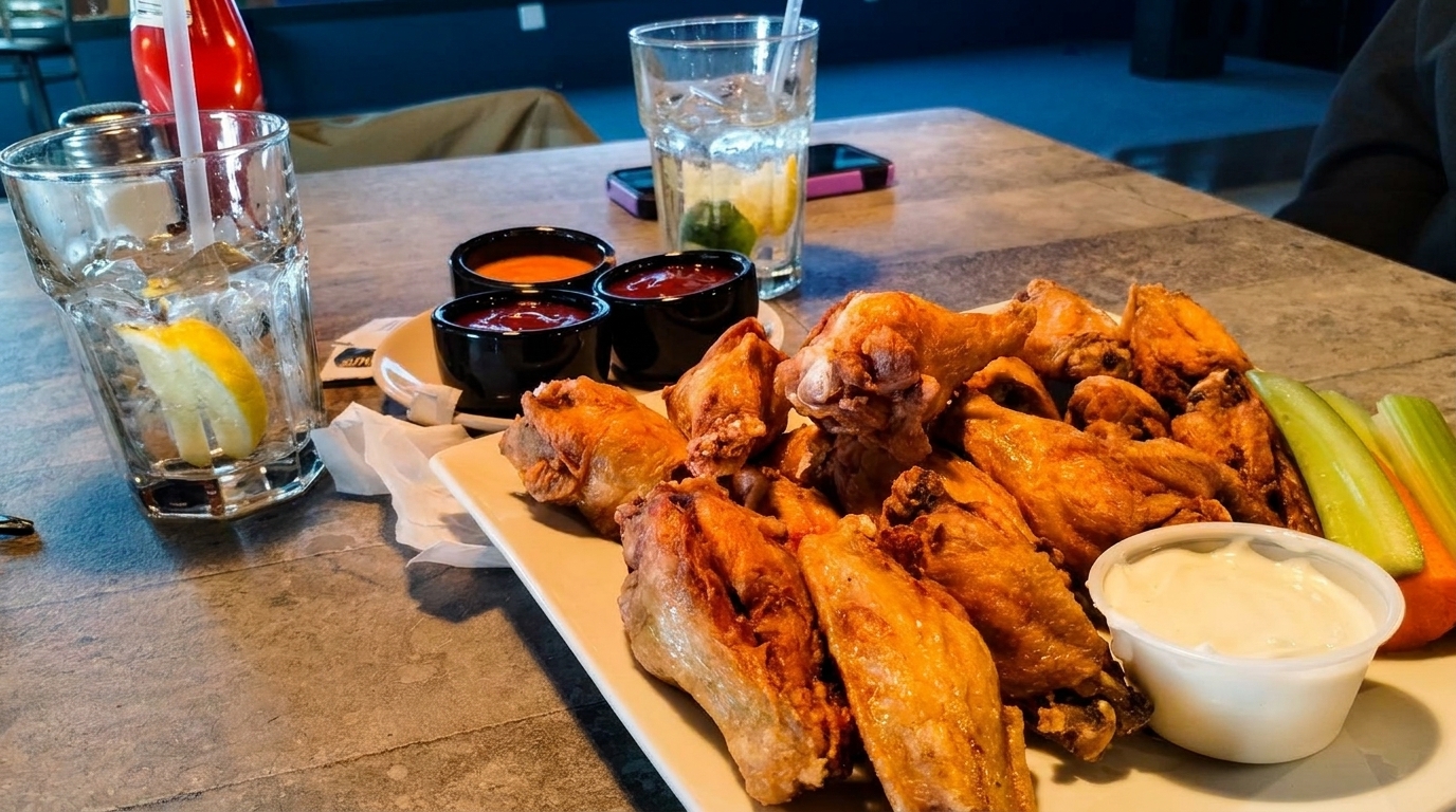 A plate of golden-brown chicken wings with celery, carrots, ranch, and dipping sauces on a table.