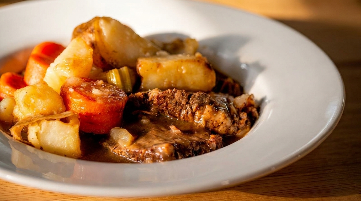 Hearty pot roast with tender beef, carrots, potatoes, and celery in a rich gravy.