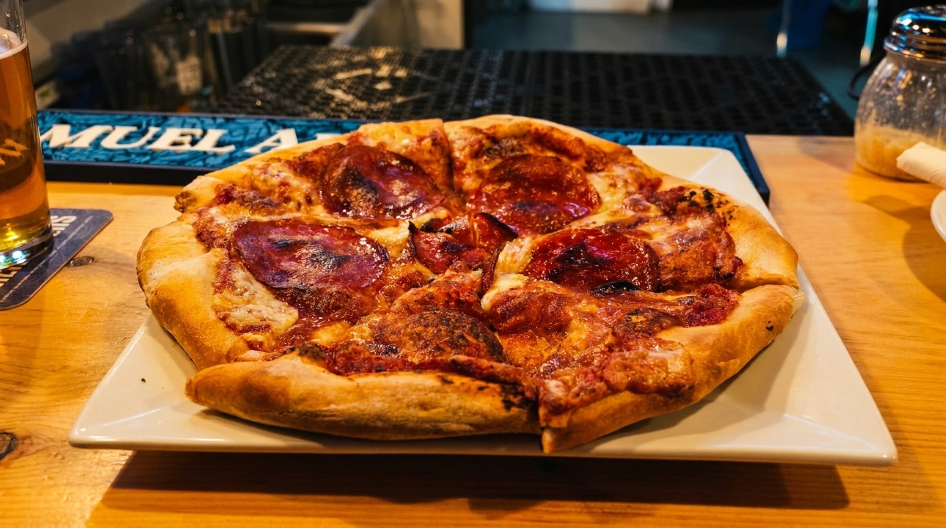 A pepperoni pizza on a white plate, with a beer and bar counter in the background.