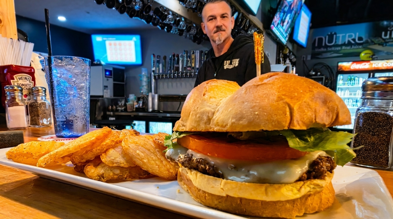 Cheeseburger with fries and a drink on a bar counter, with a bartender in the background.