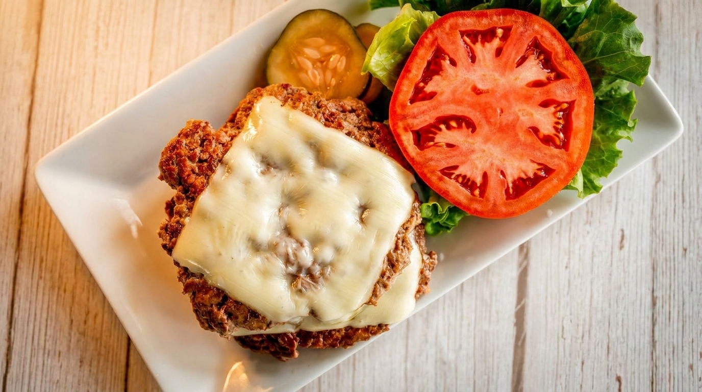 Meatloaf with melted cheese, a sliced tomato, lettuce, and pickles on a white plate.