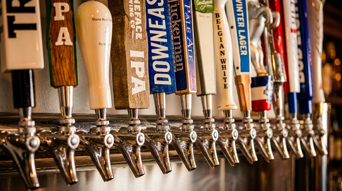 A close-up of a row of diverse beer taps with various brand names and styles.