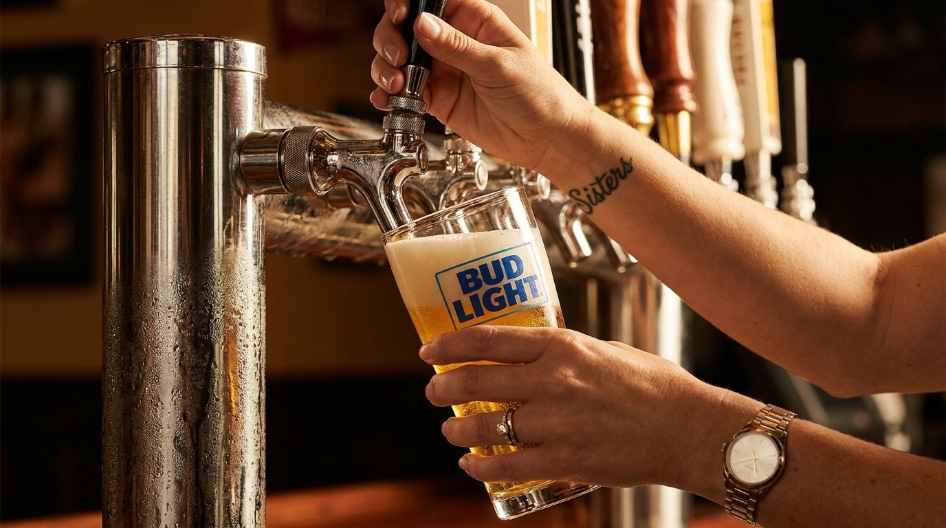Hands filling a Bud Light glass from a beer tap, with other taps visible in the background.