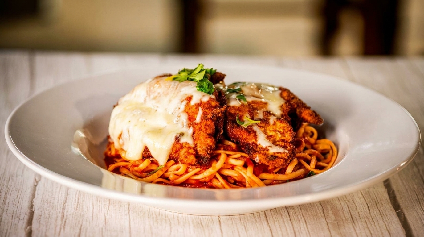 Chicken parmesan with melted cheese and fresh parsley, served over spaghetti with red sauce.