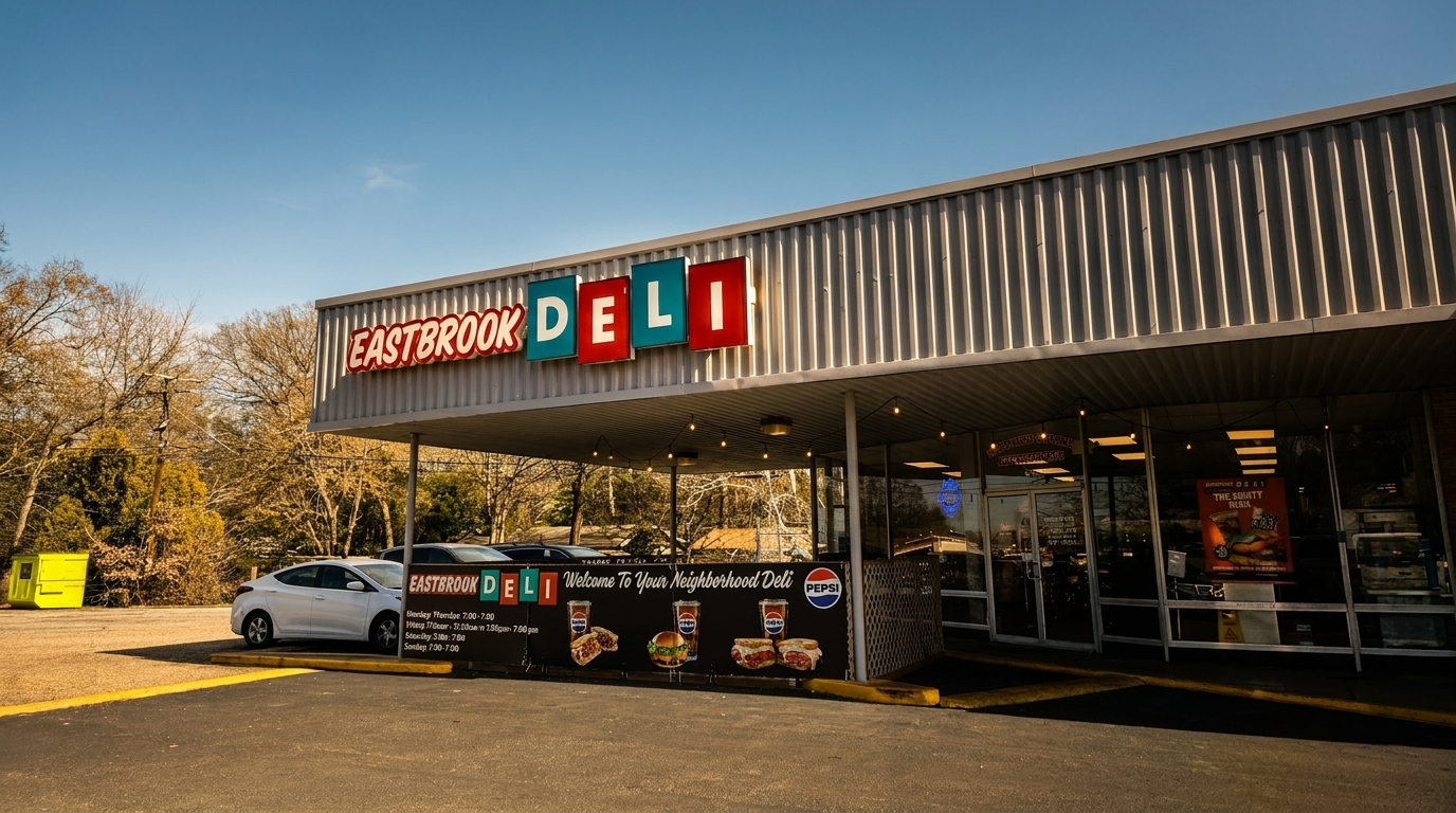 Exterior of Eastbrook Deli with its sign, a parking lot, and trees under a clear sky.