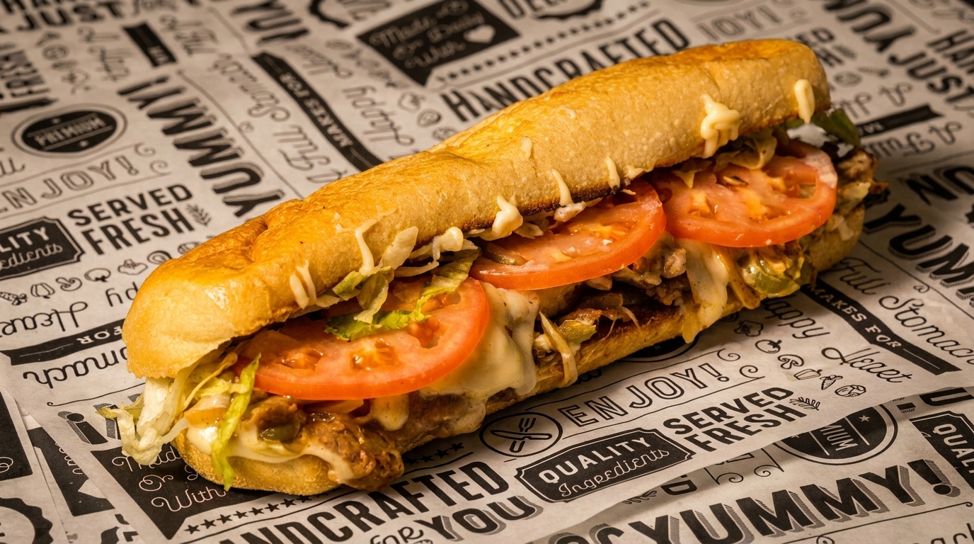 A delicious submarine sandwich with tomatoes, lettuce, and cheese on branded paper.