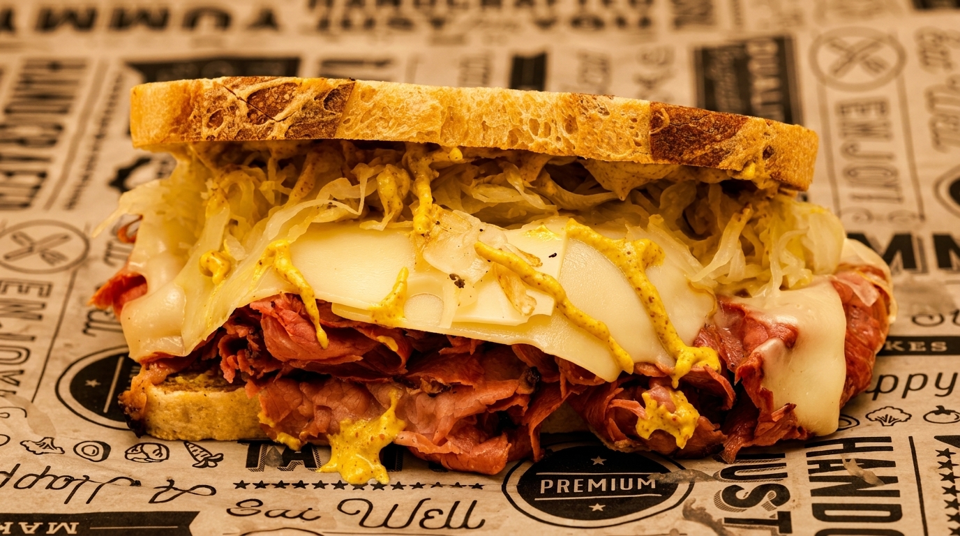A close-up of a hearty pastrami sandwich with melted cheese, sauerkraut, and mustard on rye bread.