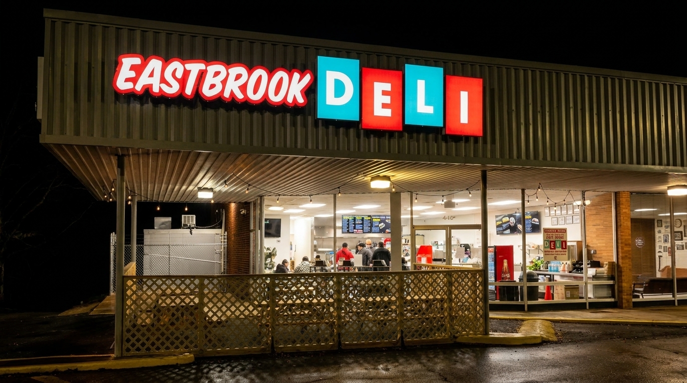 Exterior night view of Eastbrook Deli with its illuminated sign and customers visible inside.