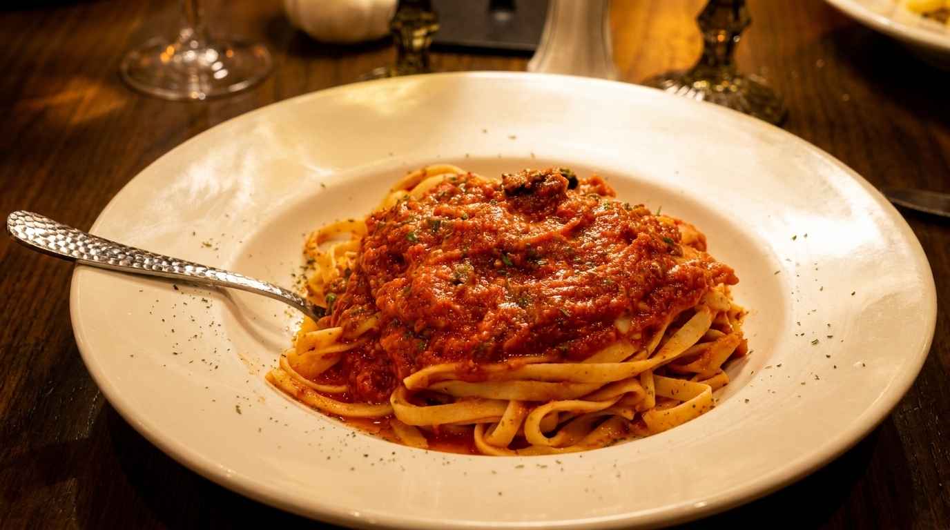 A white plate of fettuccine pasta with a rich red marinara sauce and a fork.