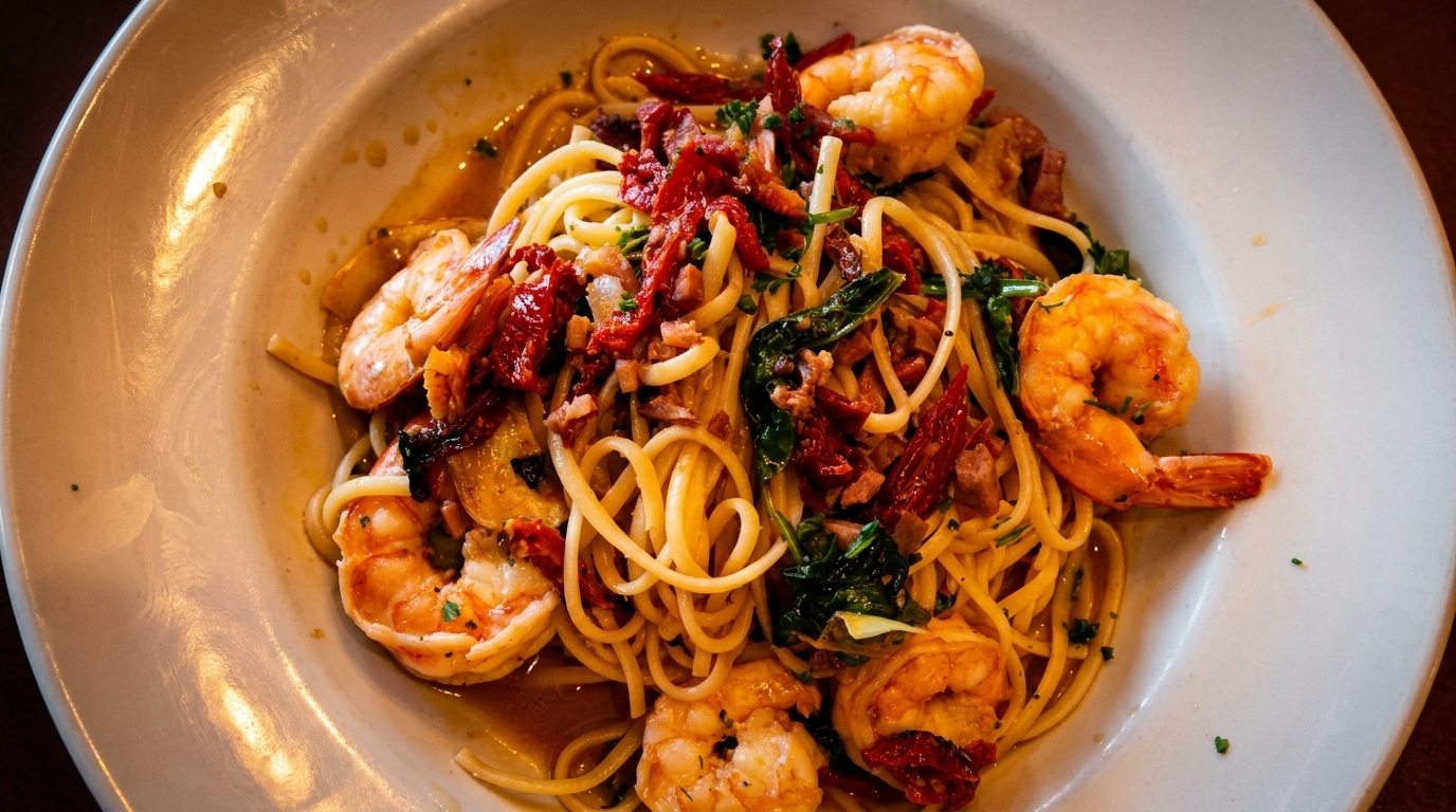 Shrimp scampi pasta with sun-dried tomatoes, spinach, and bacon in a white bowl.