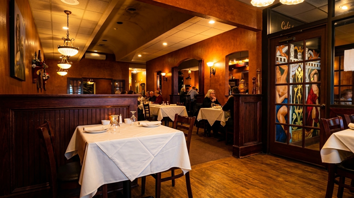 Warmly lit restaurant interior with set tables, dark wood paneling, and patrons dining in the background.