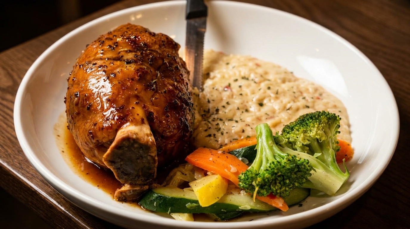Glazed chicken with a knife, creamy risotto, and steamed vegetables on a white plate.