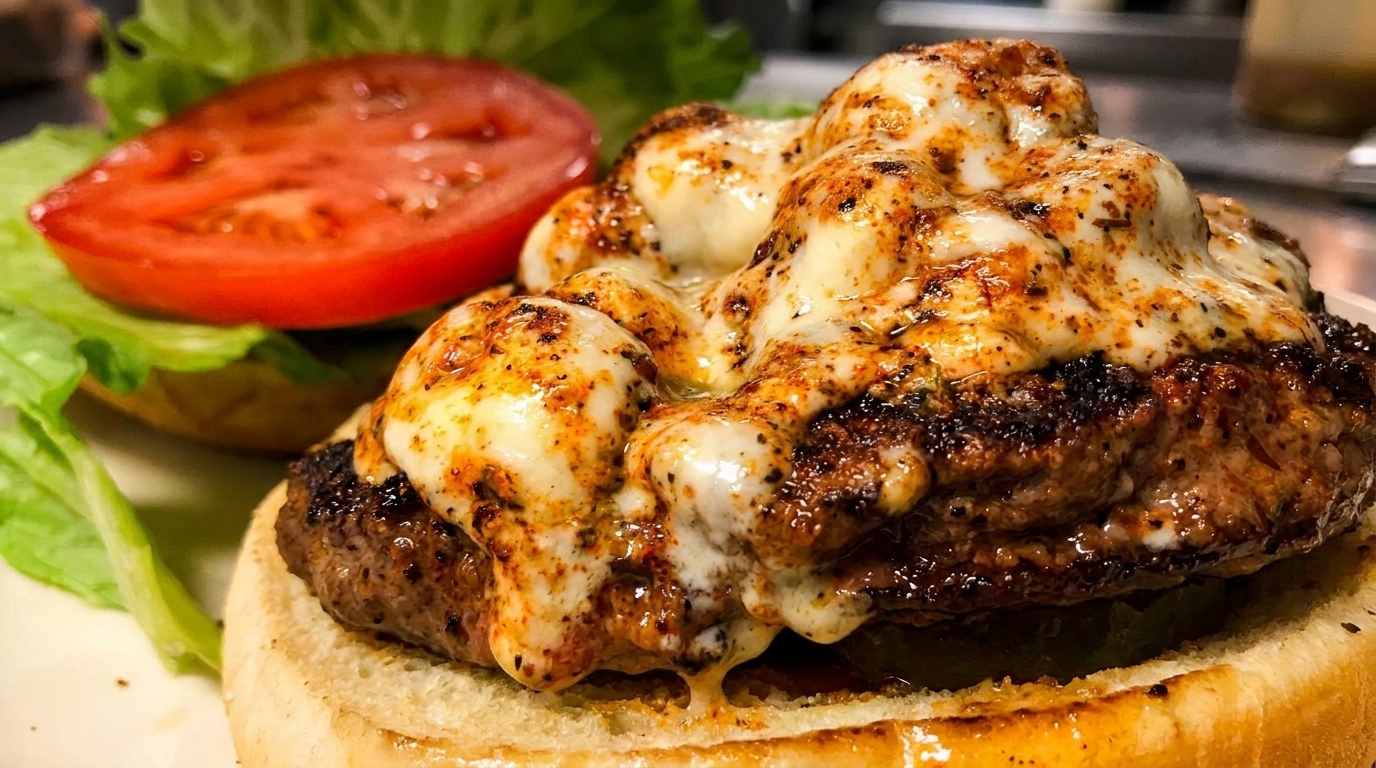 Close-up of a juicy burger patty topped with melted cheese and spices, with lettuce and tomato.