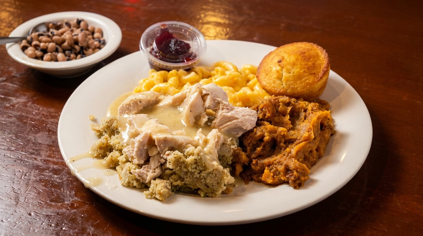 A plate of turkey and gravy, stuffing, macaroni and cheese, sweet potato casserole, and cornbread.