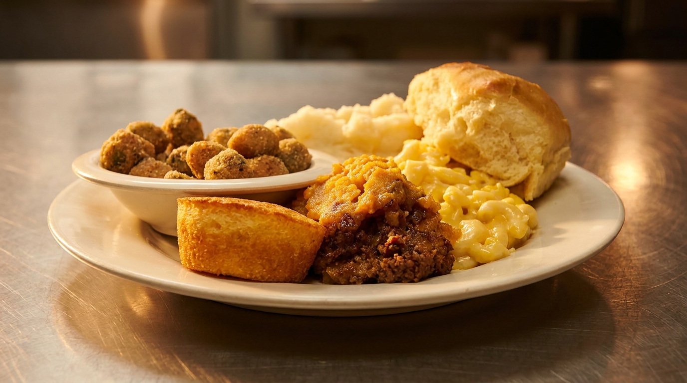 A plate of fried okra, meatloaf, mashed potatoes, macaroni and cheese, cornbread, and a roll.