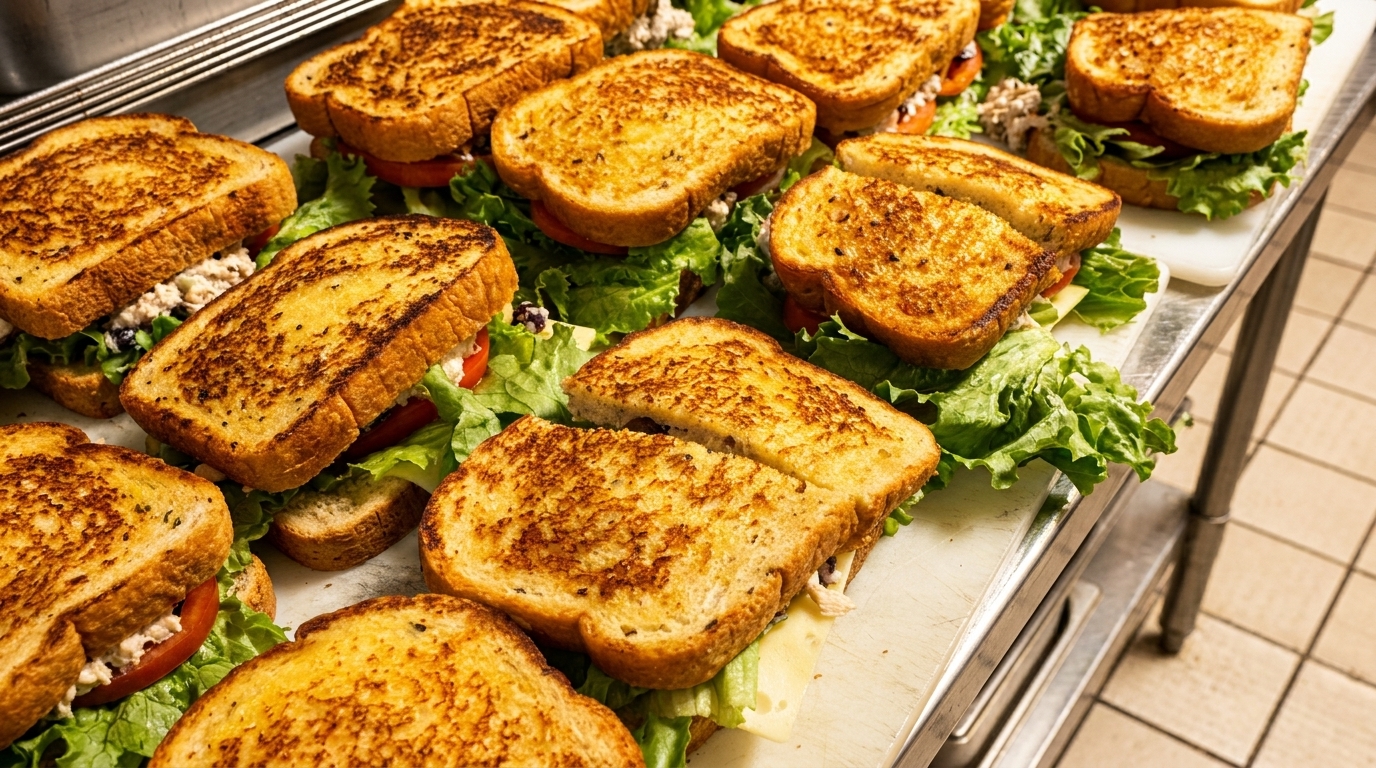 Numerous grilled sandwiches with lettuce, tomato, and fillings, ready for serving on a metal counter.
