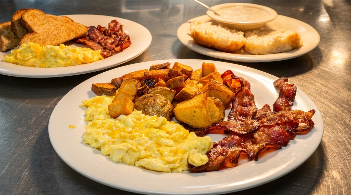 Three plates of breakfast food, including scrambled eggs, bacon, home fries, toast, biscuits, and gravy.