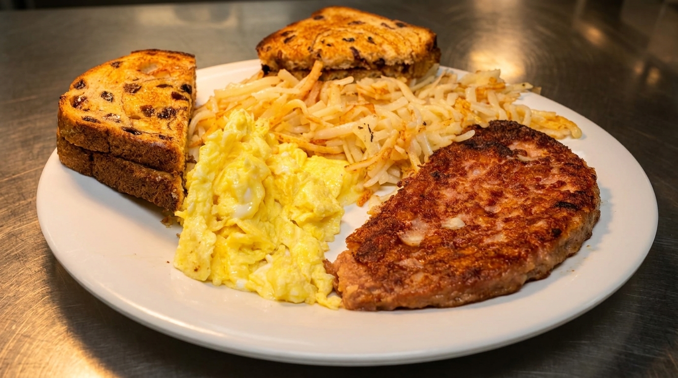 A breakfast plate with scrambled eggs, hash browns, sausage patty, and raisin toast.