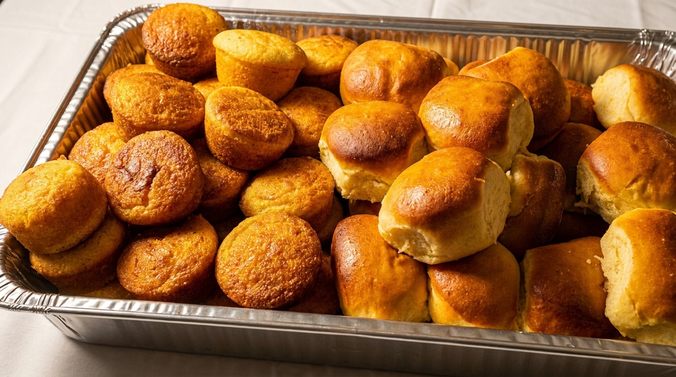 A catering tray filled with golden-brown cornbread muffins and dinner rolls.