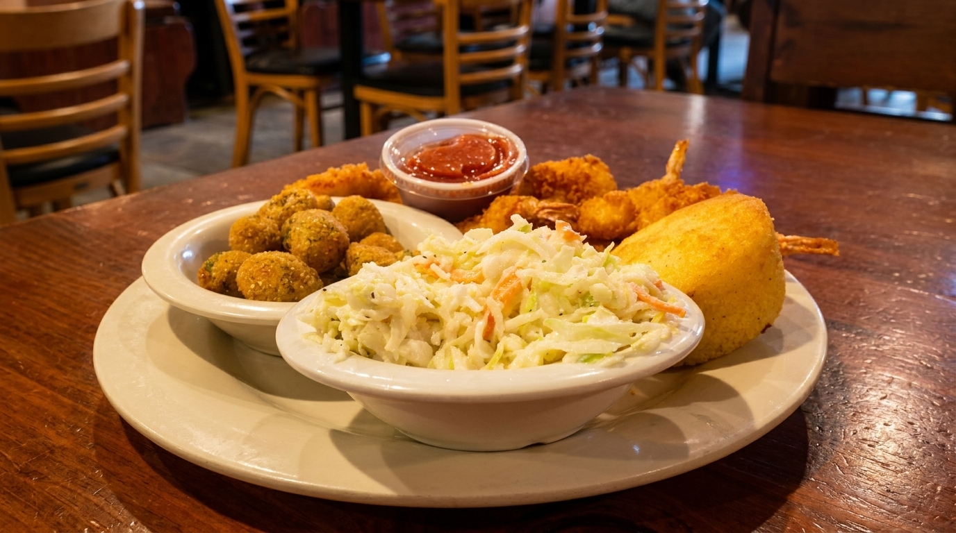 A platter of fried shrimp, fried okra, coleslaw, cornbread, and cocktail sauce on a wooden table.