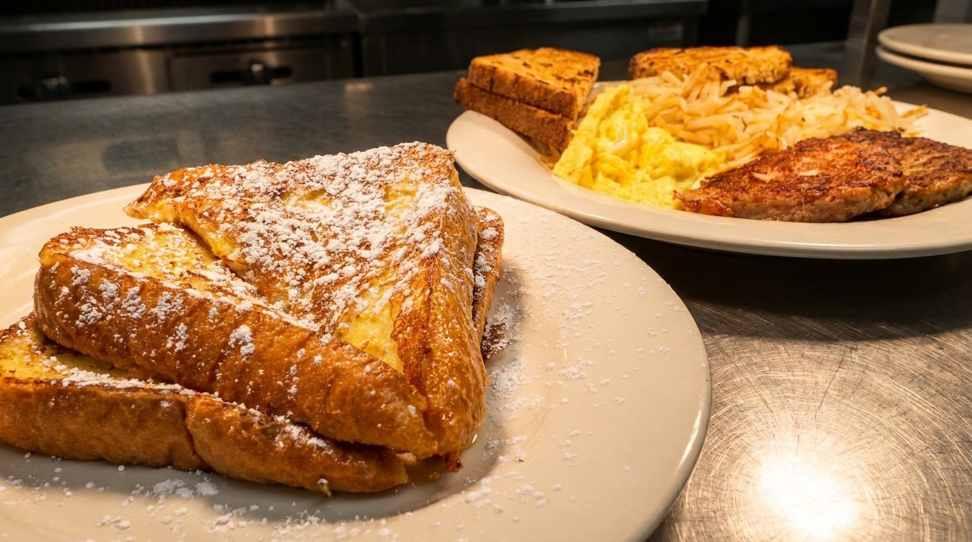 Plates of French toast with powdered sugar, scrambled eggs, hash browns, and sausage patties.
