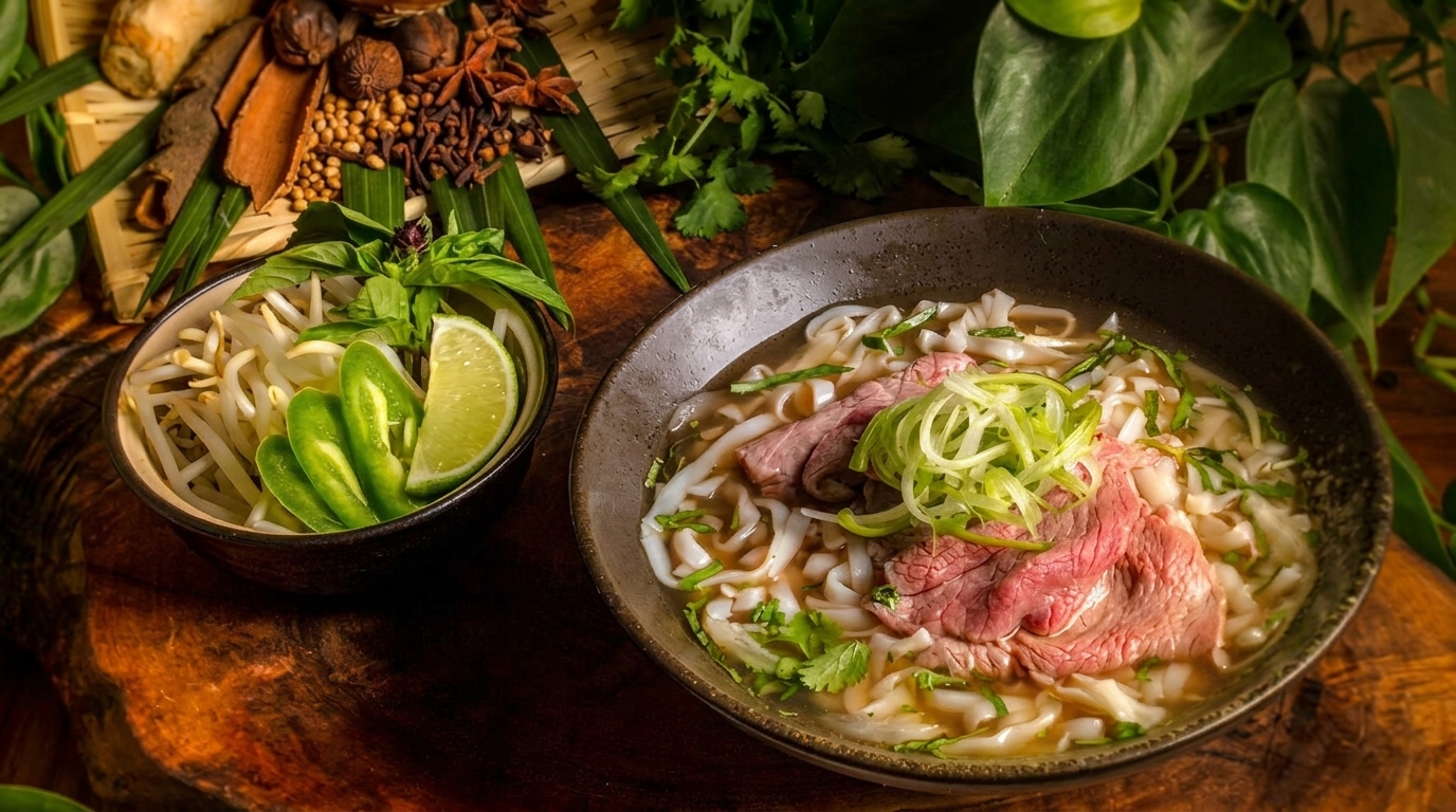 A bowl of pho with beef, noodles, and green onions, alongside a bowl of bean sprouts, lime, and jalapeños.