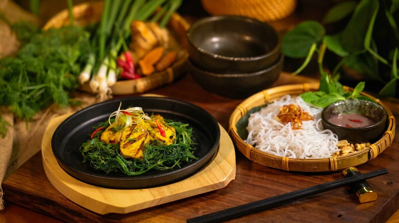 Vietnamese turmeric fish with dill, vermicelli noodles, and dipping sauce on a wooden table.