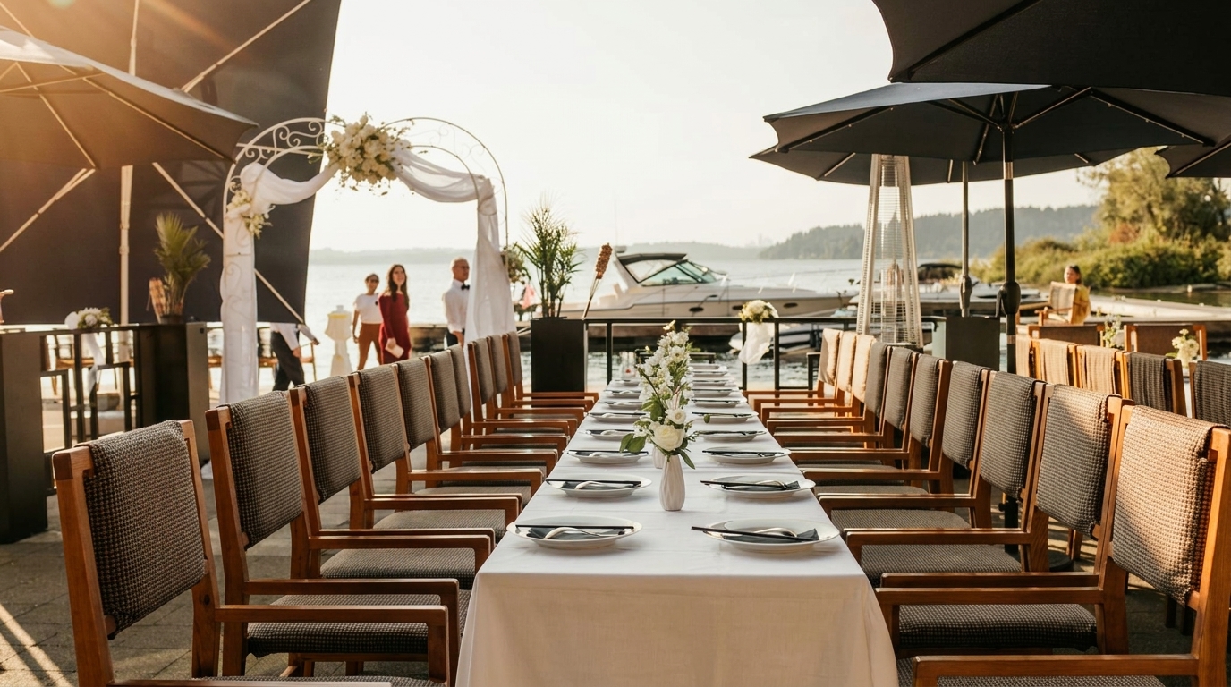 Long outdoor dining table set with white tablecloths and chairs, overlooking a lake with boats.