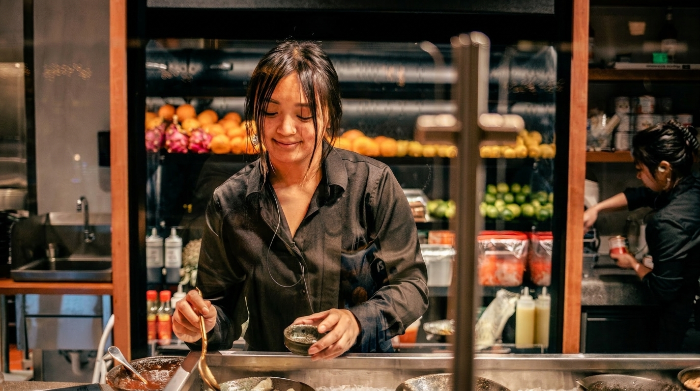 A smiling chef in a black shirt prepares food behind a counter with fresh fruit and ingredients.